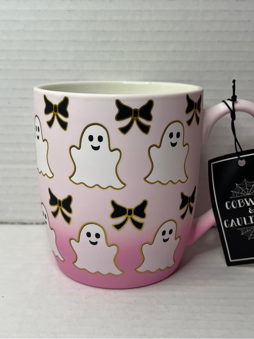 Cobwebs & Cauldrons Halloween Matt Pink Ombré Ghost Black Bow Mug New